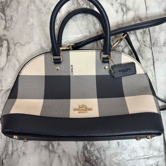 Coach Mini Sierra Buffalo Plaid Handbag top handle crossbody strap black cream - Picture 2 of 9